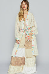 POL Floral Trim Lace Open Front Longline Cardigan NATURAL OutfitFlow